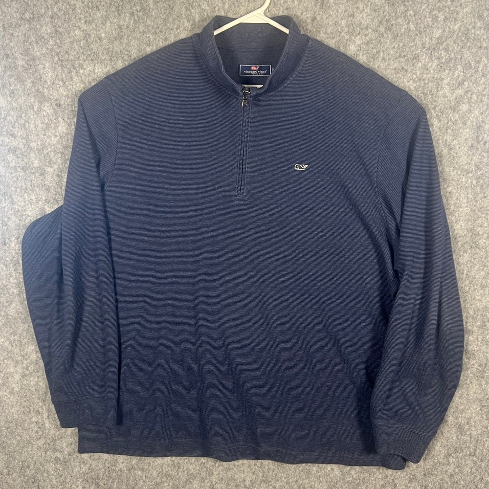 Vineyard Vines Mens XXL Navy Blue Ribbed Quarter Zip Pullover Sweater Whale Logo